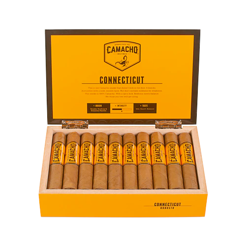 Camacho Cigars Connecticut Robusto Full Box of Cigars Open