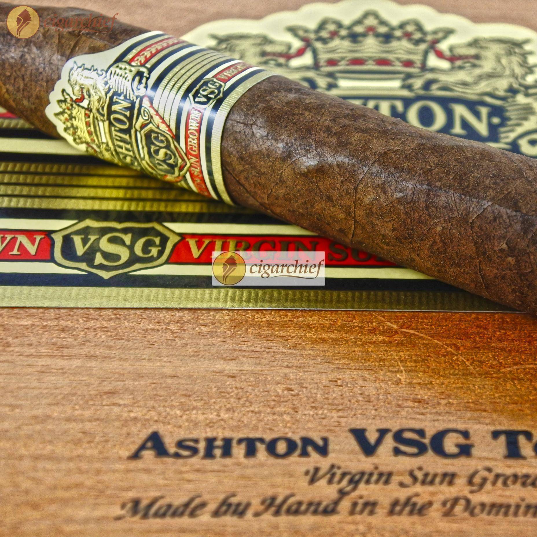 Ashton Cigars VSG Torpedo Single Cigar Wooden Box Background Ashton Cigars VSG Torpedo Single Cigar Wooden Box Background