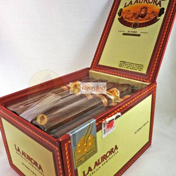 La Aurora Cigars Cameroon 1903 Toro Box of 20 Cigars Open Side Angle Cigar Labels