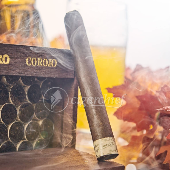 Rocky Patel Cigars The Edge Corojo Toro Single Cigar Leaning Against Full Box of Cigars