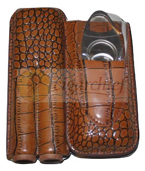 Brown Aligator Cigar pouch for 2 cigars with cutter