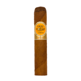 Quai d'Orsay No. 50 cigar with light brown wrapper and signature yellow and gold band labeled ‘Habana’ and ‘No. 50