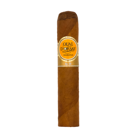 Quai d'Orsay No. 50 cigar with light brown wrapper and signature yellow and gold band labeled ‘Habana’ and ‘No. 50