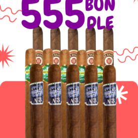 Graphic image promoting the “555 Bundle” cigar deal from Cigar Chief. The text “555 Bundle” appears in large purple and black font above three rows of cigars. Featured cigars include Alec Bradley Blind Faith, Macanudo Inspirado Brazil, and Alec Bradley Coyol. The Cigar Chief logo is displayed at the top of the image.