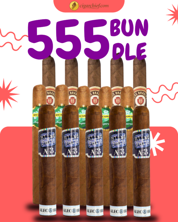 Graphic image promoting the “555 Bundle” cigar deal from Cigar Chief. The text “555 Bundle” appears in large purple and black font above three rows of cigars. Featured cigars include Alec Bradley Blind Faith, Macanudo Inspirado Brazil, and Alec Bradley Coyol. The Cigar Chief logo is displayed at the top of the image.