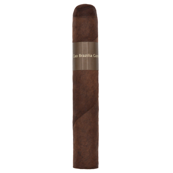 CAO Brazilia Gordo cigar with a dark brown wrapper and plain brown band, displayed vertically against a white background