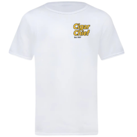 White T-shirt with a small yellow and black 'Cigar Chief Est. 1997' logo on the left chest.