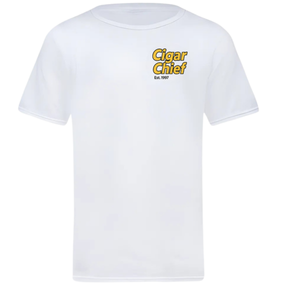 White T-shirt with a small yellow and black 'Cigar Chief Est. 1997' logo on the left chest.