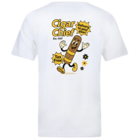 Back of a white T-shirt featuring a cartoon cigar character with bold yellow and black 'Cigar Chief' text, speech bubbles reading 'Delivery to your door!' and 'Tax Free!', and floral accents.