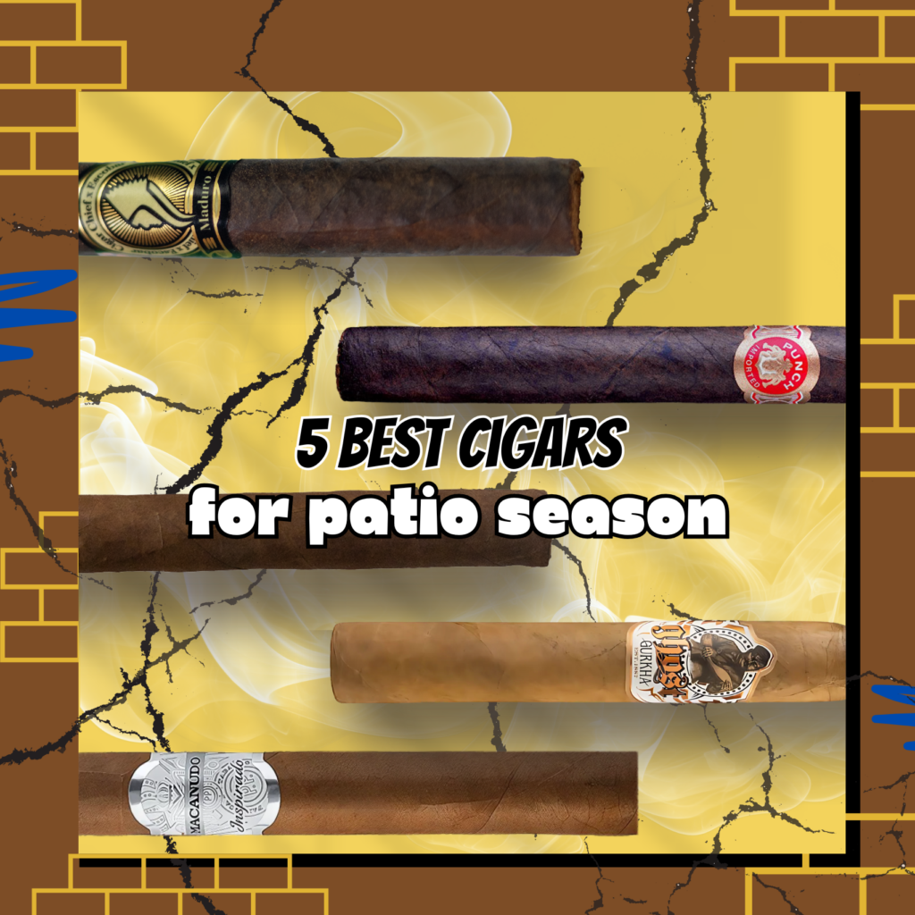 Thumbnail image showing five different hand-rolled cigars arranged diagonally over a cracked yellow background framed by a brick-patterned border. Centered bold text reads “5 Best Cigars for patio season.”