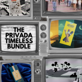 “A collage of vintage televisions displaying images related to the Privada Timeless Bundle cigar pack. Screens show a Steamboat Willie-style cartoon, people walking on a city street, ‘The Good Day Pack’ box with a sun and moon background, the DK Duo Blanc et Bleu box on blue velvet, and black-and-white cartoon mice in an old plane. Center screen reads ‘The Privada Timeless Bundle’ in bold black text on a wooden background.