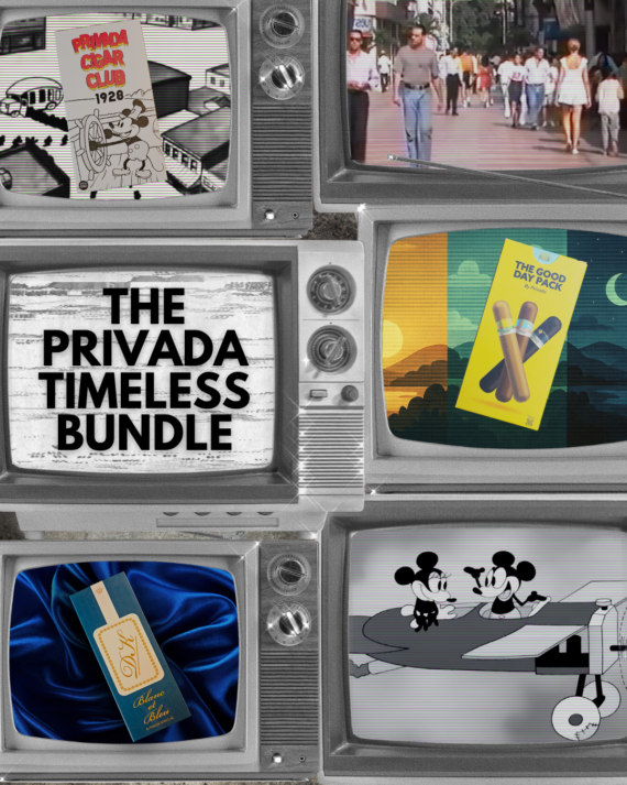 “A collage of vintage televisions displaying images related to the Privada Timeless Bundle cigar pack. Screens show a Steamboat Willie-style cartoon, people walking on a city street, ‘The Good Day Pack’ box with a sun and moon background, the DK Duo Blanc et Bleu box on blue velvet, and black-and-white cartoon mice in an old plane. Center screen reads ‘The Privada Timeless Bundle’ in bold black text on a wooden background.