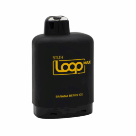 A black STLTH Loop Max disposable vape device with yellow branding. The logo reads "STLTH Loop Max" in a stylized font, and the flavor "Banana Berry Ice" is printed near the bottom. The device has a compact, rounded design with a visible mouthpiece on top and dual airflow holes at the bottom.