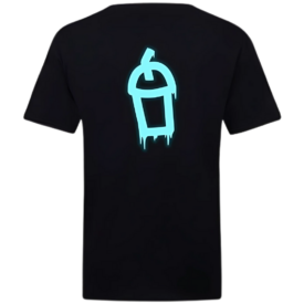 Back of a black T-shirt with a large cyan Slush logo featuring the brand’s dripping drink cup icon centered on the upper back.