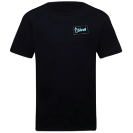 Black T-shirt featuring the full Slush logo — a cyan dripping drink cup with stylized 'Slush' text — printed on the left chest.
