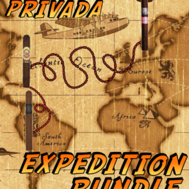An Indiana Jones-inspired map design showing ‘The Privada Expedition Bundle’ text in bold yellow-orange letters. A vintage map background traces a red dotted travel line across the Atlantic Ocean, connecting cigar images representing different regions: Raíces Cubanas 1941 (South America), Rojas Peruvian Gold (Central America), and Norwegian Legion (Europe) with a fedora hat on top. An old seaplane illustration flies across the map, evoking classic adventure film style.