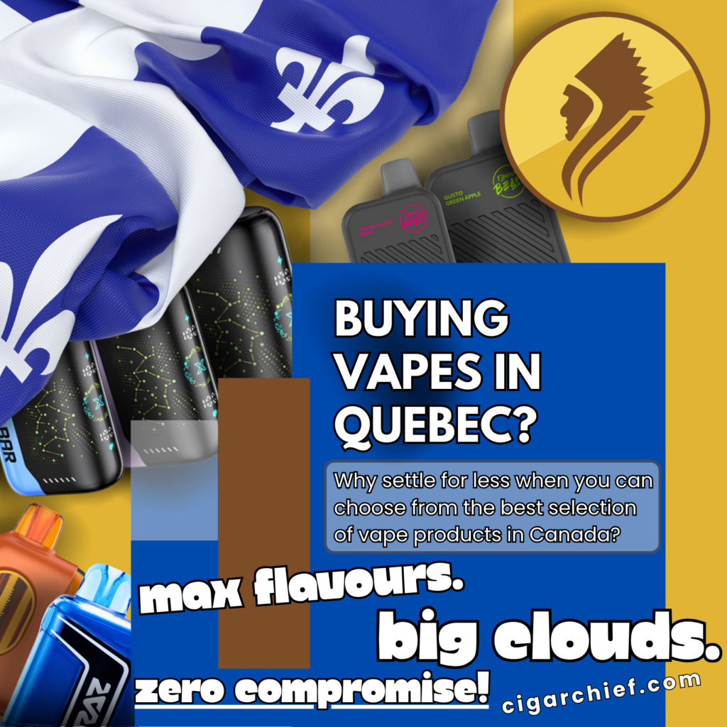 Promotional graphic for Cigar Chief vape products in Quebec featuring popular disposable vapes, bold text reading 'Max Flavours. Big Clouds. Zero Compromise.', and a callout highlighting Canada’s best vape selection. Includes Quebec flag, Cigar Chief logo, and product visuals like Raz Disposable vape, Flavor Beast, and Geek Bar."