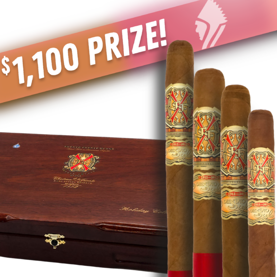 A promotional image showing a premium wooden cigar humidor box with the Arturo Fuente OpusX logo, alongside four OpusX cigars of varying sizes. The cigars feature ornate red and gold bands. A banner at the top reads "$1,100 PRIZE!" in bold white text on a red-to-orange gradient, with a white silhouette of a chief’s head in the corner.
