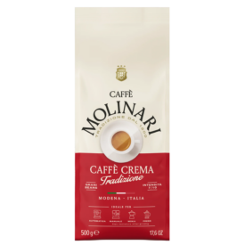 A 500g bag of Caffè Molinari Caffè Crema Tradizione whole bean coffee, featuring red and cream packaging with an image of an espresso shot, labeled as a medium-high intensity Italian blend ideal for various brewing methods.