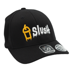 Black Slush snapback hat with gold cup and white embroidered logo, front angled view