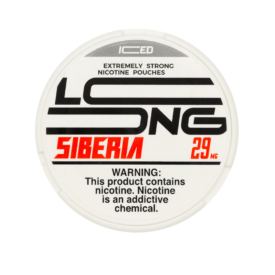 A round white can of Siberia Long nicotine pouches. The label features bold black text reading “LONG” and smaller text above that says “Extremely Strong Nicotine Pouches.” The word “Siberia” appears in red, along with “29 MG” in red on the right side. “Iced” is shown at the top in a silver section. A warning at the bottom states: “This product contains nicotine. Nicotine is an addictive chemical