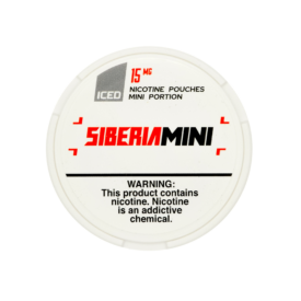 A white round can of Siberia Mini nicotine pouches. The label reads “Siberia Mini” in red and black bold letters, with “15 MG” and “Iced” written above, indicating the strength and flavor. A warning below states: “This product contains nicotine. Nicotine is an addictive chemical
