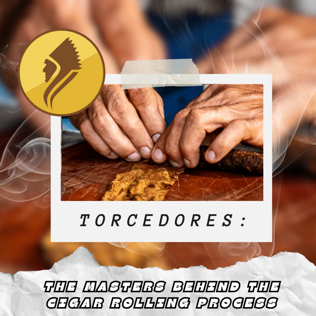 Close-up of a torcedor's hands skillfully rolling a cigar with dried tobacco leaves, overlaid with the text “Torcedores: The Masters Behind the Cigar Rolling Process” and a gold Cigar Chief logo.