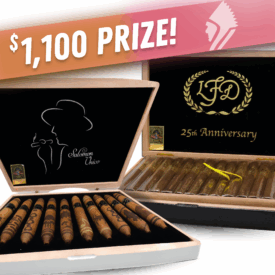 Open display of two luxury cigar boxes. The left box, labeled "Salomon Unico," shows ten uniquely patterned figurado cigars with a white silhouette of a man smoking on the black velvet lid. The right box, labeled "LFD 25th Anniversary," contains twenty-five cigars arranged in rows beneath a gold logo and wreath design. A bold banner across the top reads "$1,100 PRIZE!" with a gradient background and a faint Cigar Chief logo.