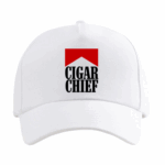 White dad hat with curved brim and adjustable strap, featuring the Cigar Chief red chevron logo embroidered on the front.