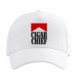 White dad hat with curved brim and adjustable strap, featuring the Cigar Chief red chevron logo embroidered on the front.
