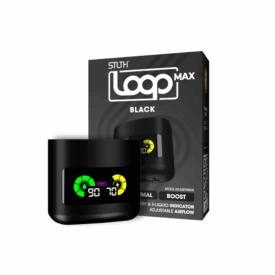 STLTH Loop Max Battery in black with packaging, showing digital display indicators for battery and e-liquid levels, mode set to Boost.