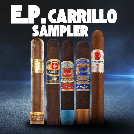 E.P. Carrillo Sampler graphic with five cigars standing upright against a dark blue gradient background. Bands displayed include Inch Natural, Dusk, La Historia, Pledge, and New Wave Connecticut. Bold white text above reads ‘E.P. Carrillo Sampler.