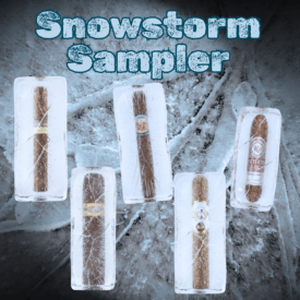 Snowstorm Sampler graphic featuring five cigars frozen in blocks of ice on a cracked icy background. The text 'Snowstorm Sampler' appears above in frosty blue lettering