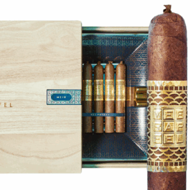 Meerapfel Meir Double Robusto cigars in porcelain ashtray-casket, wooden chest open with gold embossed bands and blue patterned interior