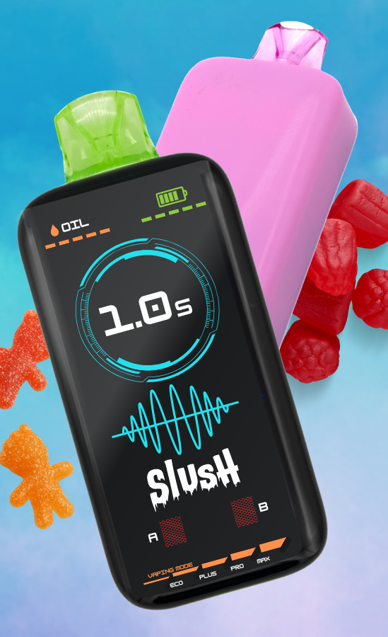 Two colourful Slush vape devices displayed against a bright blue gradient background. The front vape features a sleek digital screen showing “1.0s” and battery indicators, while the second device in pink stands behind it. Gummy candy pieces surround them, adding a playful, candy-inspired aesthetic.