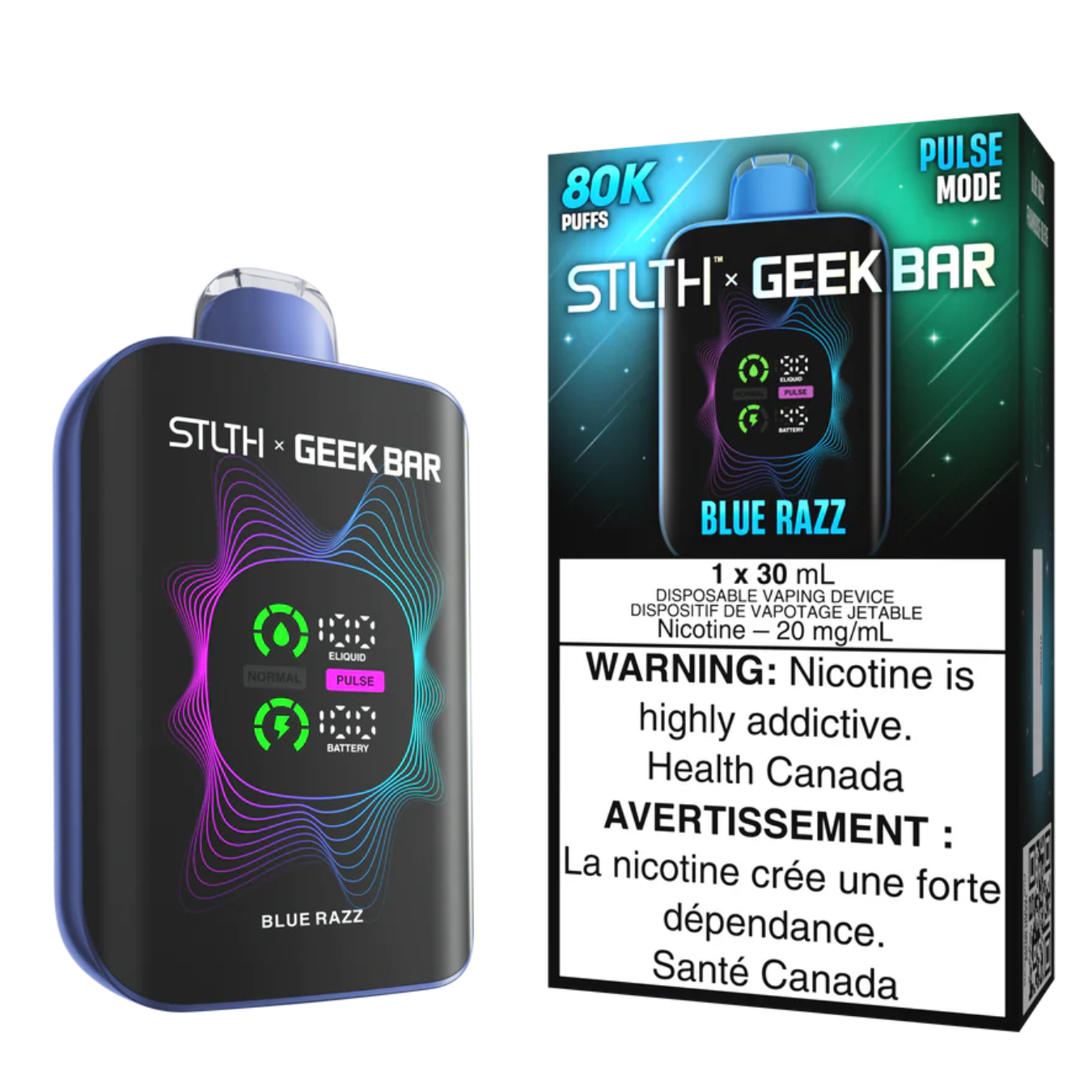 STLTH x Geek Bar 80K Disposable Vape – 80,000 Puff Rechargeable Device STLTH x Geek Bar 80K disposable vape in Blue Razz flavour showing the device with screen display and retail packaging labeled 80K puffs and Pulse Mode.
