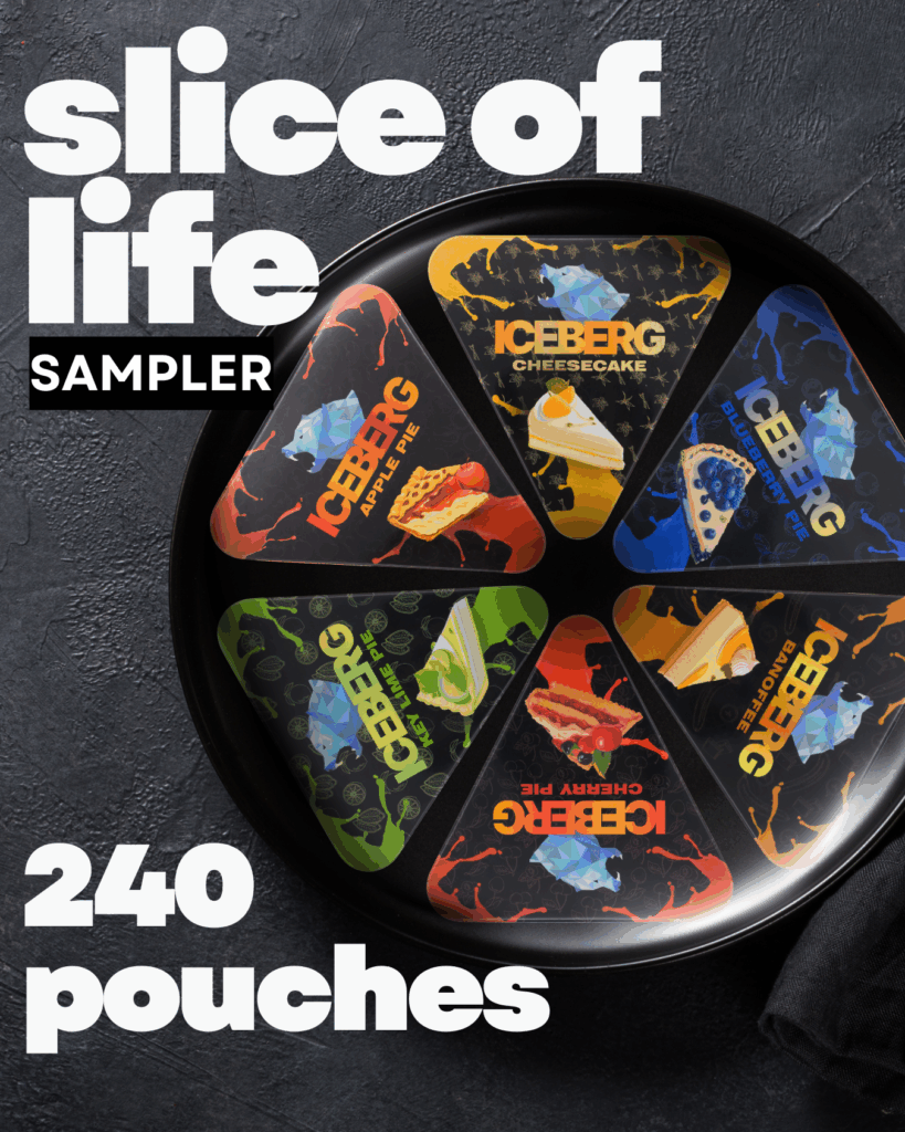 Promotional image of the Slice of Life Sampler showing six ICEBERG pie shaped nicotine pouch tins arranged in a full circle on a black plate, featuring Apple Pie, Cheesecake, Blueberry Pie, Key Lime Pie, Cherry Pie, and Banoffee, with bold text reading Slice of Life Sampler and 240 pouches.